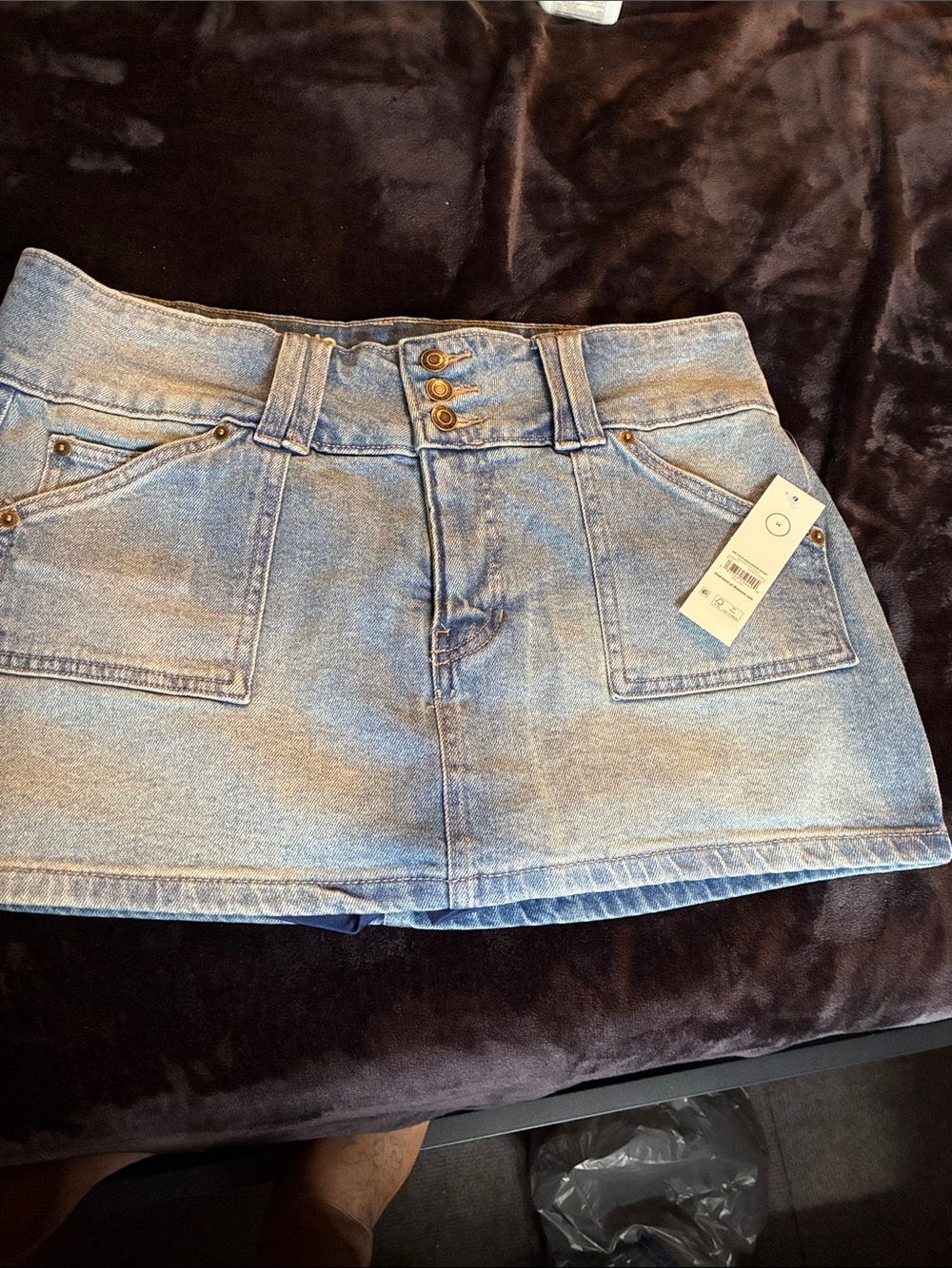 No Boundaries Light Blue Denim Mini Skirt with Front Patch Pockets